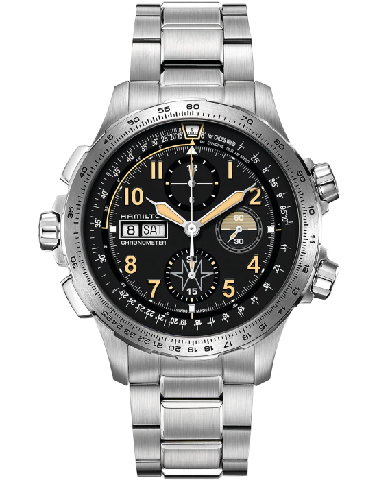 Hamilton Hamilton Khaki Aviation X Wind Day Date Auto Chrono H77796135  H77796135 механические мужские часы черный циферблат, браслет нержавеющая сталь — вид спереди